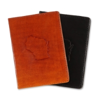 	Two leather passport covers, one brown and one black.