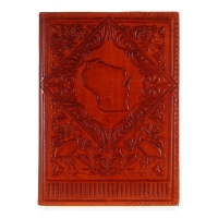 Brown journal with leather cover embossed with the shape of Wisconsin surrounded by birds and leaves.