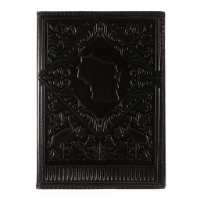 Black journal with leather cover embossed with the shape of Wisconsin surrounded by birds and leaves.