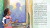 Page spread from "Valiant Vel" young reader book showing illustration of a young Vel at school. Pages 6-7.