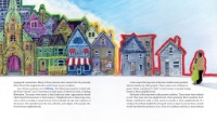 Page spread from "Valiant Vel" young reader book showing illustration of houses in a neighborhood. Pages 24-25.