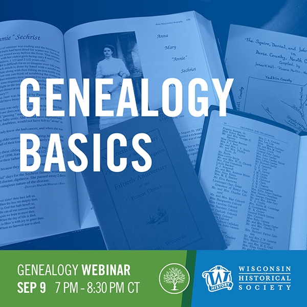 Image tile promoting a WHS genealogy webinar titled "Genealogy Basics" in September of 2025.