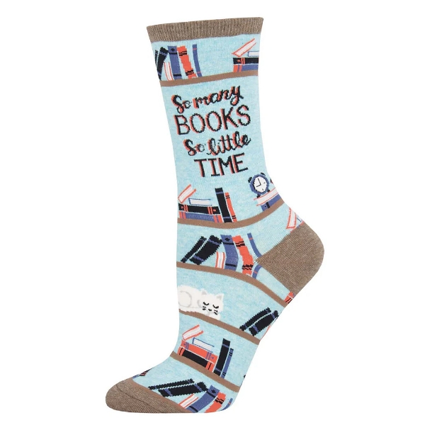 A light blue sock with tan heel, toe and cuff with a bookshelf-like design all around the sock. The text reads "So many BOOKS So little TIME" in between the bookshelves with scattered books.