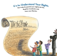 Page sample from children's book, "E is for Everyone! Every Vote and Every Voice" with illustration of children reading the U.S. Constitution.