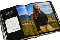 Page spread from the book, "People the Planet Needs to Know" with color photo of ecologist Tamara Layden.