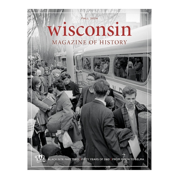 Front cover of the "Wisconsin Magazine of History" Fall 2024, with a black and white photo of students gathering to board a bus in Madison, WI, dated March 1965.