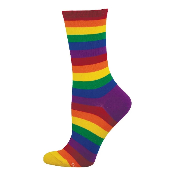 Rainbow striped socks with a purple heel on a blank white background.