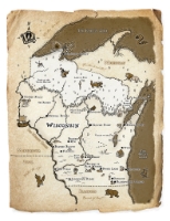 Page from Wisconsin Adventures Dreams & Nightmares with mythological game map of Wisconsin.