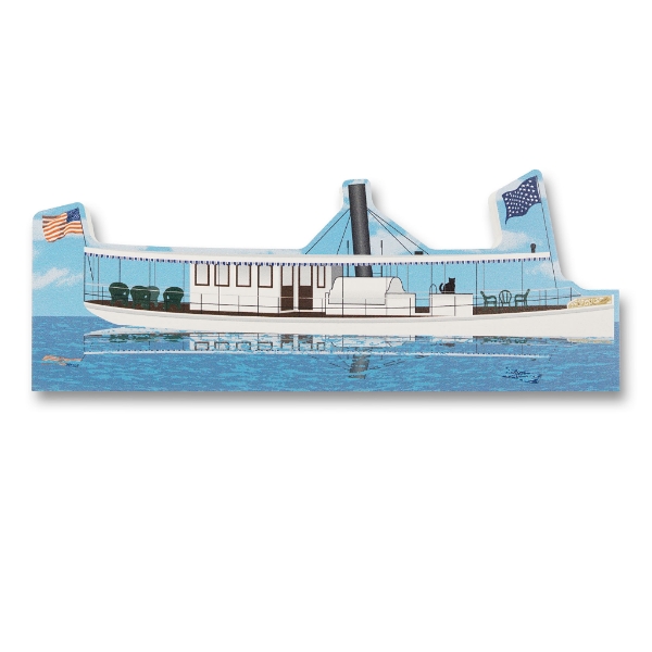 Miniature reproduction of the Loreley Steam Yacht, a painted wood cutout.